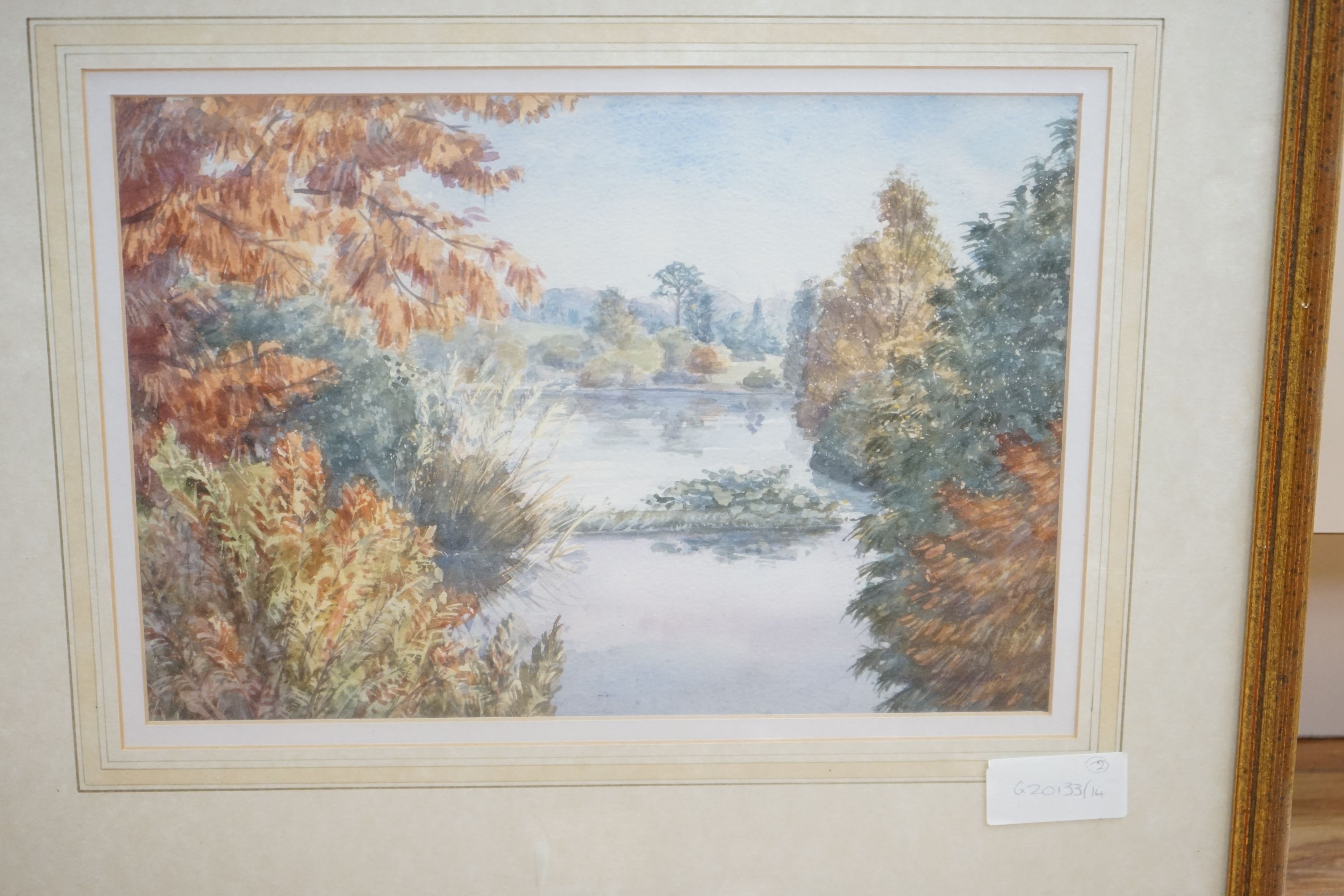 John Macpherson (Scottish, fl.1865-1884), watercolour, Cattle and drover crossing a bridge, signed, 21 x 37cm, with two other watercolours, Riverscape and Figures beside the Thames at Chelsea